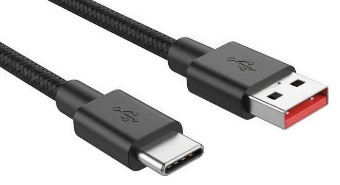 Black usb cable with type c and type a connectors for data transfer isolated on transparent background