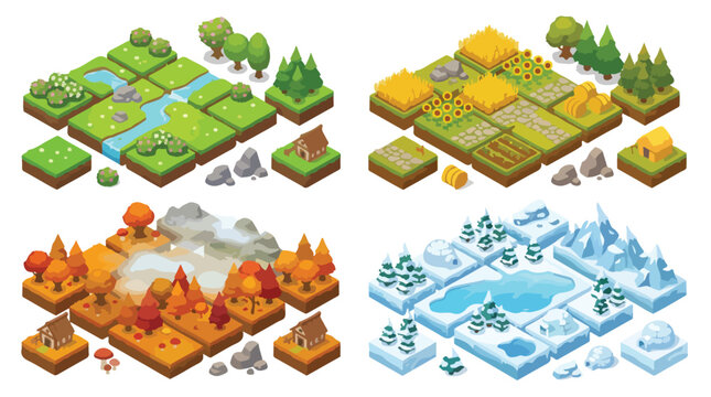 Isometric landscape map tiles set, 3D nature environment constructor for game design, seasonal biome world building elements vector