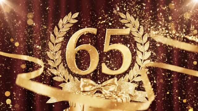 Golden number 65 with wreath on red background.