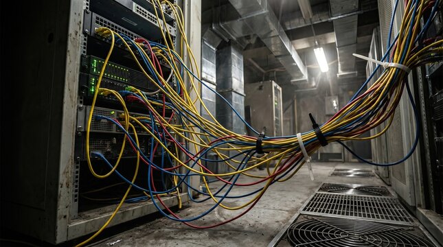 Network cables connecting server rack hardware, tangled yellow blue red wires inside dark industrial data center room, messy ethernet infrastructure equipment maintenance.