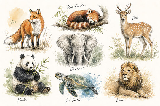 Various animals including a red panda, fox, deer, elephant, panda, turtle, and lion are illustrated in a natural setting with foliage.