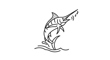 Naklejka premium Jumping Marlin Fish Illustration, Fishing Sport, Ocean Wildlife, Black and White Line Art