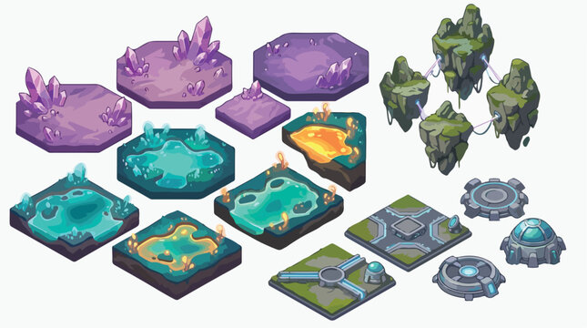 Isometric game map tiles, fantasy world environment assets, sci-fi floating islands and crystal terrain vector set for mobile gaming