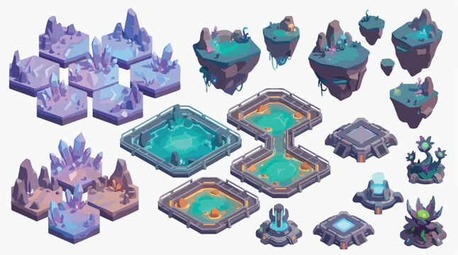 Isometric game assets collection, sci-fi floating islands and crystal terrain tiles, futuristic alien environment map builder for strategy games
