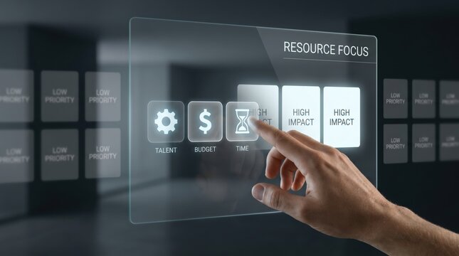Portfolio Rationalization - Close-up of a hand directing talent, budget, and time cards toward high-impact goals on a clean, minimal interface, emphasizing resource focus.