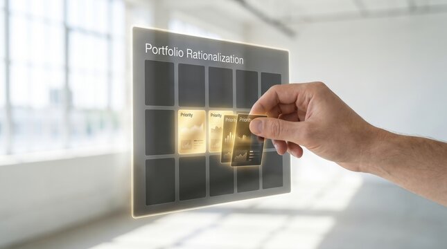 Portfolio Rationalization - A hand removes project cards on a minimal interface, highlighting key priorities and visualizing portfolio rationalization in a clean workspace.