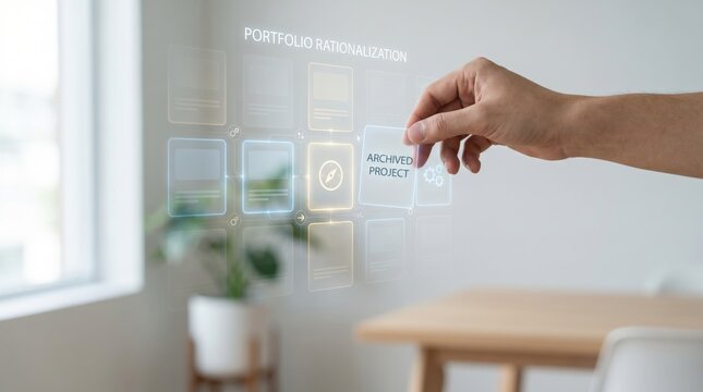 Portfolio Rationalization - A hand removes project cards on a minimal digital interface, highlighting prioritized items for portfolio rationalization and streamlined project management.