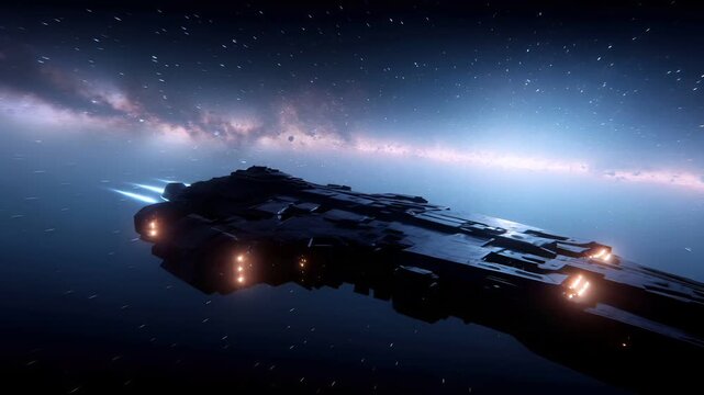 Space universe exploration, fantasy, mysterious. A vivid, highresolution digital artwork depicts a futuristic spaceship floating in space. The spaceship has a sleek, angular design with glowing.