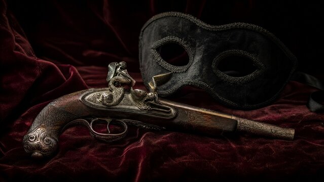flintlock. Antique flintlock pistol and black mask arranged on faded velvet fabric, historical still life. event programs, museum guides, designed for cultural heritage projects and event programs.