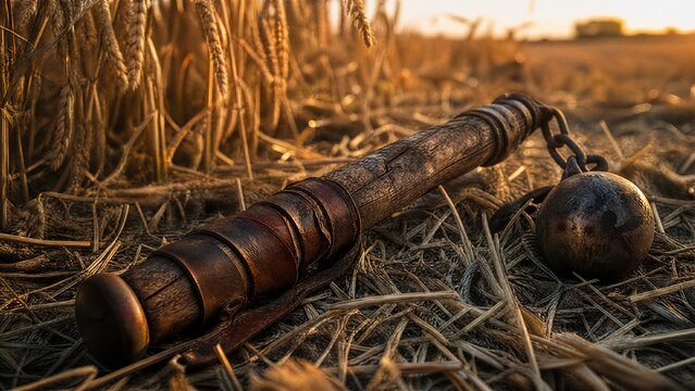 flail. An old, worn flail discarded in a wheat field with textured wood and leather. safety posters, maintenance manuals, designed for precision metalworking and fabrication facilities.