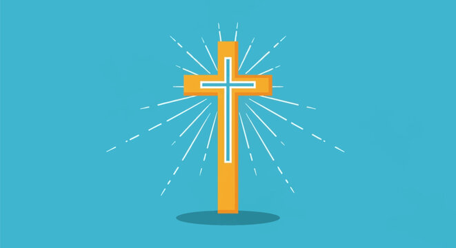 Flat vector illustration of a golden Christian cross with white light rays emitting from the center, positioned on a blue background with a subtle shadow at the bottom base.