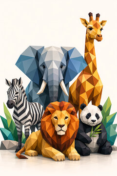 A colorful geometric illustration of a lion, elephant, giraffe, panda, and zebra gathered together in a natural setting with green leaves.