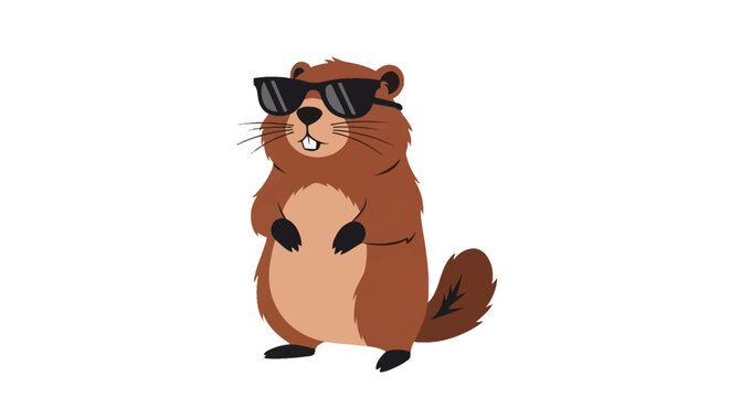 2D vector illustration of a standing brown groundhog wearing black sunglasses and smiling, showing teeth, mascot character design isolated on a plain white background.