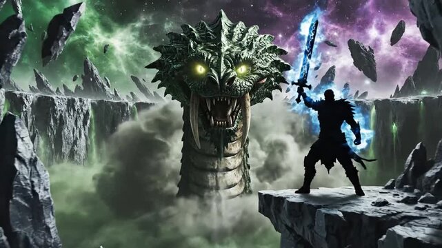 Fantasy warrior holds glowing sword over chasm with creature