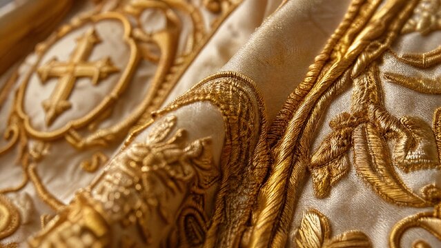 liturgical. Extreme close-up of intricate gold embroidery on heavy liturgical silk fabric. event programs, museum guides, designed for cultural heritage projects and event programs.