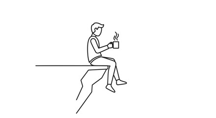 Fototapeta premium Man Sitting on Cliff Edge Holding Hot Drink, Contemplating View