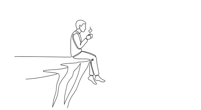 Man sitting on cliff edge with coffee cup, contemplative, minimalist line art