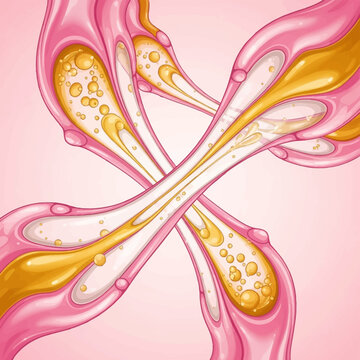 Detailed vector illustration of thick viscous pink, gold and white fluid flowing in an X-shape pattern with internal air bubbles, glossy liquid texture for cosmetics.