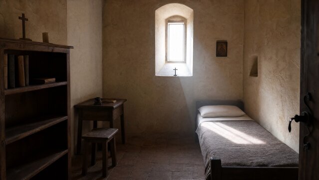 austere. Simple monastic cell interior with a narrow bed and a wooden bookshelf. event programs, museum guides, designed for cultural heritage projects and event programs, preserves heritage.