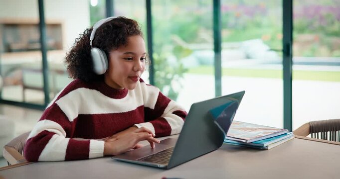 Laptop, headphones and child on video call in home for elearning, online class or education. Wave, happy and girl student with audio tech and computer for virtual lesson with greeting in house.