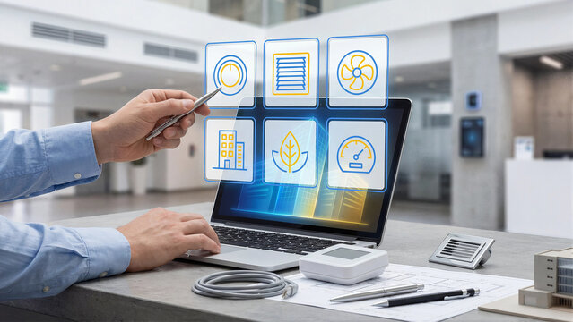Smart Building HVAC and Energy Management System Controls Ventilation Airflow Temperature and Eco Efficiency Through Integrated Digital Automation in Commercial Office Environment