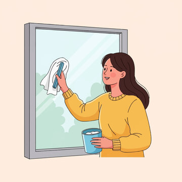 Vector illustration of a smiling young woman with long hair wearing a yellow sweater, cleaning a window pane with a squeegee and cloth while holding a blue bucket of water and soap.