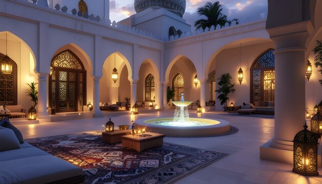 An Intimate Inner Courtyard of a Grand Mosque at Dusk, Where Intricate Arches and Pillars Frame a Central Fountain and Plush Floor Seating, all Illuminated by the Warm Glow of Traditional Lanterns
