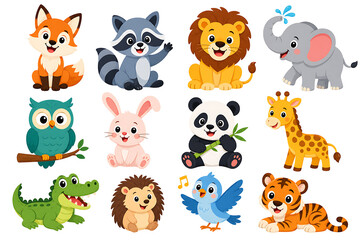 Obraz premium A colorful illustration shows various animals gathered together in a wildlife setting.