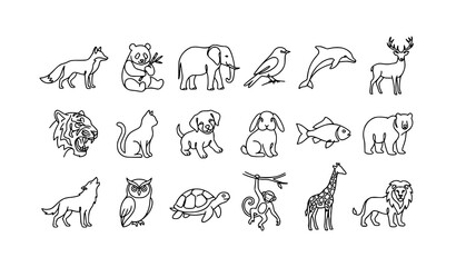 Obraz premium Modern continuous line animal icon set with black and white minimalist vector symbols