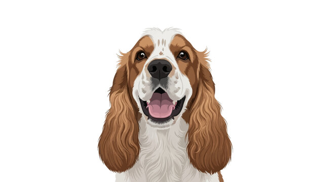 Vector illustration of a happy Cocker Spaniel dog with brown and white fur, long floppy ears, and an open mouth smiling, isolated on a white background for pet themed design projects.
