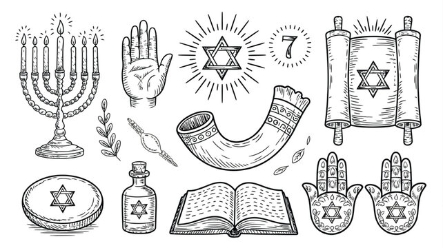 Hand drawn jewish traditional symbols vector set with menorah shofar torah scroll star of david hamsa hand and holy book