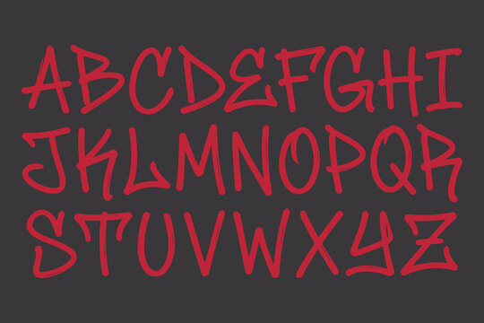 Red uppercase alphabet letters on dark background fluid brush stroke font.