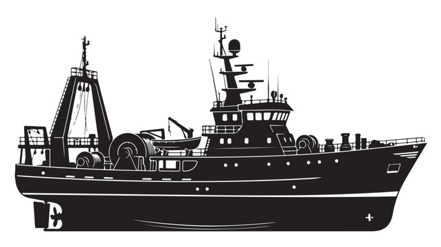 Industrial fishing trawler silhouette vector, commercial deep sea fishing boat icon, marine vessel for seafood industry and maritime logistics