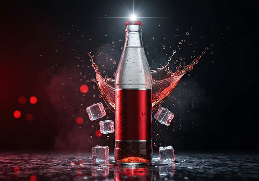 Vibrant red cocktail bottle exploding with ice cubes and sparkling liquid against dark neon background for modern bar design drinks menu social media advertisement