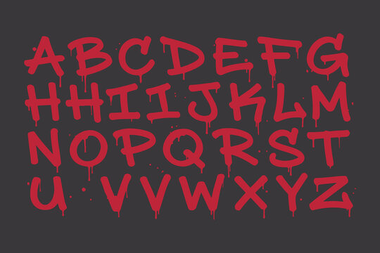 Red graffiti alphabet letters ABCDEFGHIJKLMNOPQRSTUVWXYZ with drips on dark background.