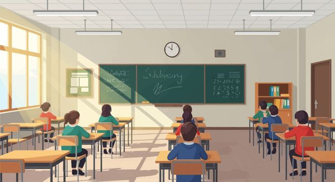 Classroom interior vector illustration with students sitting at desks, green chalkboard with educational writing, large windows with bright sunbeams, bookshelves, and wall clock.