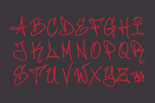 Alphabet letters ABCDEFGHIJKLMNOPQRSTUVWXYZ in red graffiti tag style font on dark background.