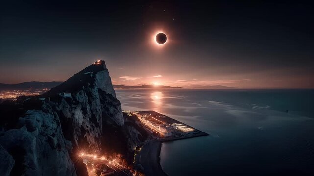 Eclipse, fantasy, mysterious, supernatural. A dramatic, highresolution digital artwork depicts a breathtaking sunset over a rocky coastline. The sky is a gradient of deep blues and purples.