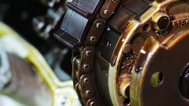 Metal timing drive elements during engine rebuild process. Special system synchronizes internal pistons and valves transmitting torque