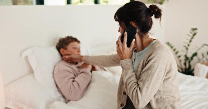 Phone call, sick and mom with boy in bed for concern with temperature, fever and symptoms. Family, home and mother with kid on cellphone for virus, infection and telehealth consultation for advice
