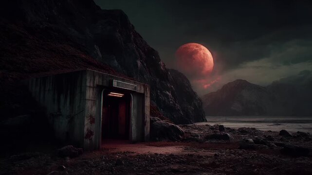 Space universe exploration, fantasy, mysterious. A dramatic, atmospheric depiction of a desolate landscape. A large, bloodred moon casts a soft glow over the scene. A weathered.