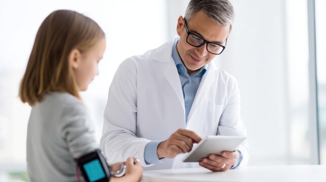 Pediatric endocrinologist reviews glucose trends with child using insulin pump in clinic