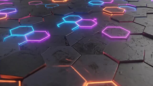 Abstract background with glowing neon hexagonal stone tiles