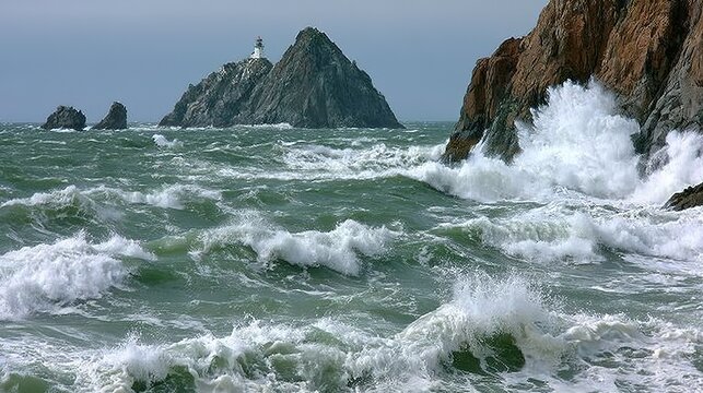 Turbulent Stormy Ocean: Crashing Waves Against Rocky Coastal Cliffs, Distant Sea Stack with Lighthouse Under Overcast Sky