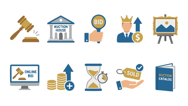 A collection of 10 auction and bidding icons featuring a gavel, auction house, bid paddle, highest bidder, auction item, online bid, increasing bid, time limit, sold tag, and auction catalog.