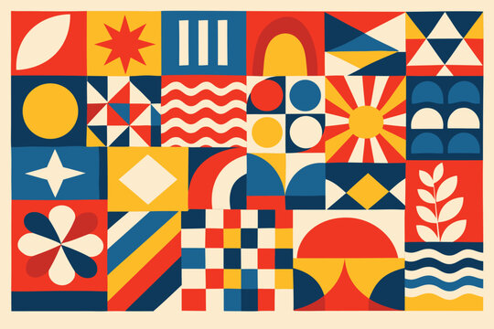Abstract Geometric Pattern Design in Retro Patchwork Style with Minimalist Shapes, Bauhaus Inspired Mid-Century Modern Art Background in Red, Blue, and Yellow Colors, Vector Illustration