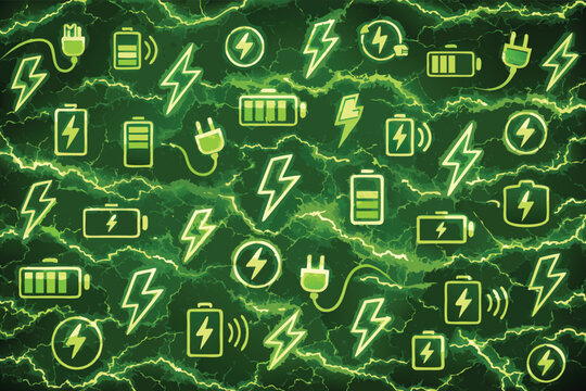 Electric Energy Icon Pattern Background with Green Lightning Texture for Fast Charging Station, Battery Power, Renewable Electricity, Speed, and Technology Concepts in Neon Glowing Vector Style