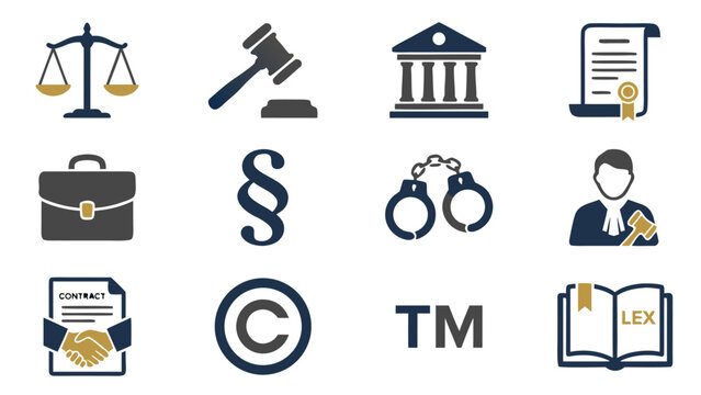 Professional Set of 12 Law and Justice Icons: Scales, Gavel, Courthouse, Legal Document, Briefcase, Paragraph Symbol, Handcuffs, Lawyer, Contract Handshake, Copyright, Trademark, and Lex Law Book Flat