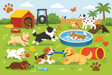 Naklejka premium Flat Vector Illustration of a Happy Dog Daycare and Play Park with Various Puppy Breeds Playing with Toys, Swimming in a Pool, Running through Tunnels, and Enjoying Outdoor Pet Care Activities.