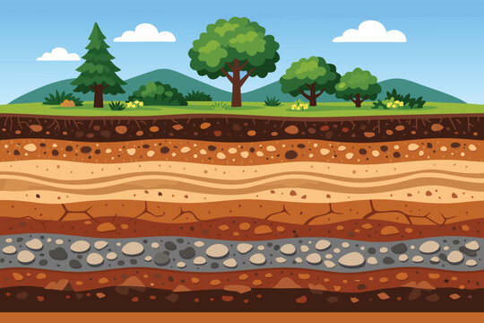 Cross section of layered earth strata showing soil horizons, underground geological layers, rocks, clay, sand, and gravel beneath a green landscape with trees, grass, and mountains under blue sky.